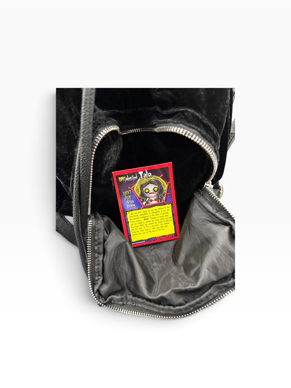 Black Velvet Backpack with Zumbies “Untalented Talia” Lucky Juju Doll Charm - Picture 6 of 8
